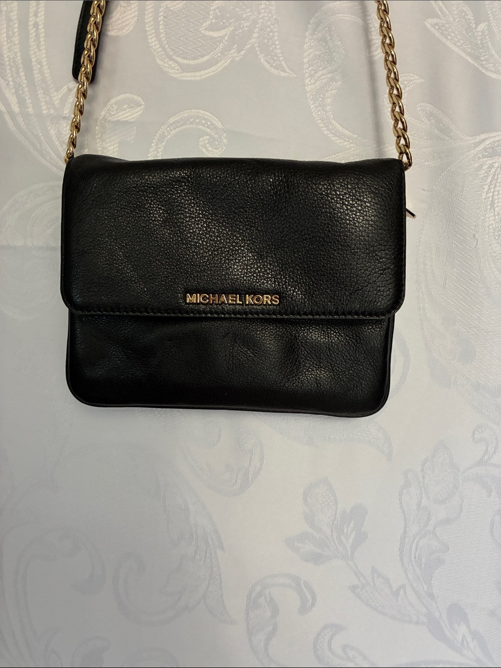 Michael Kors Black Leather Crossbody with Gold Chain